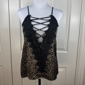 En Creme Tank Cami Top Sz S Deep V-Neck Criss Cross Strap Lace Animal Print